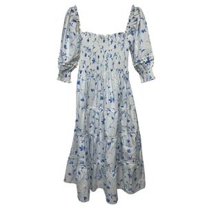 Hill House Home Nesli Nap Dress Blue Floral Smocked Midi Puff Sleeve XS